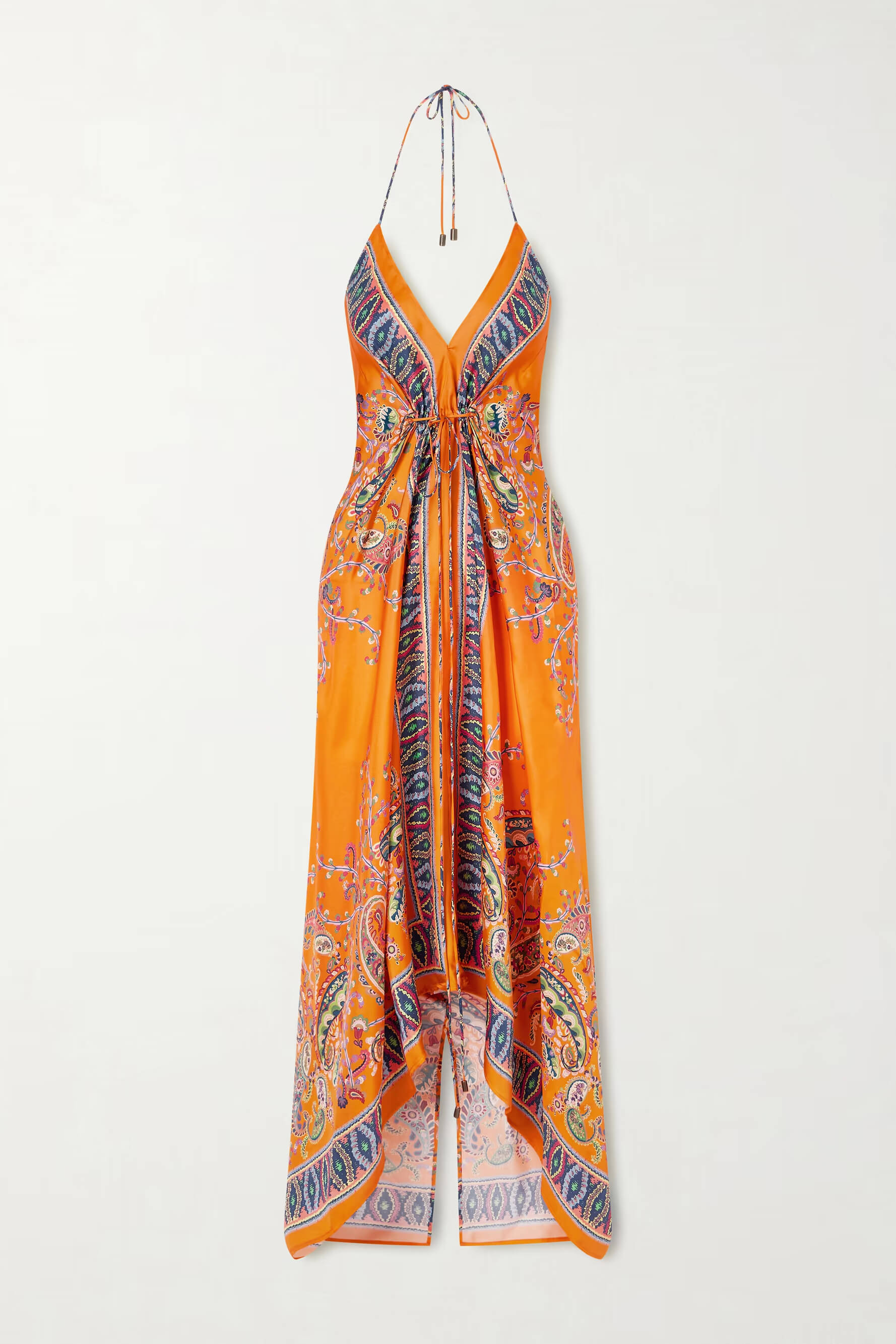 Retro Paisley Print Satin Twill Backless Spaghetti Strap Maxi Dress