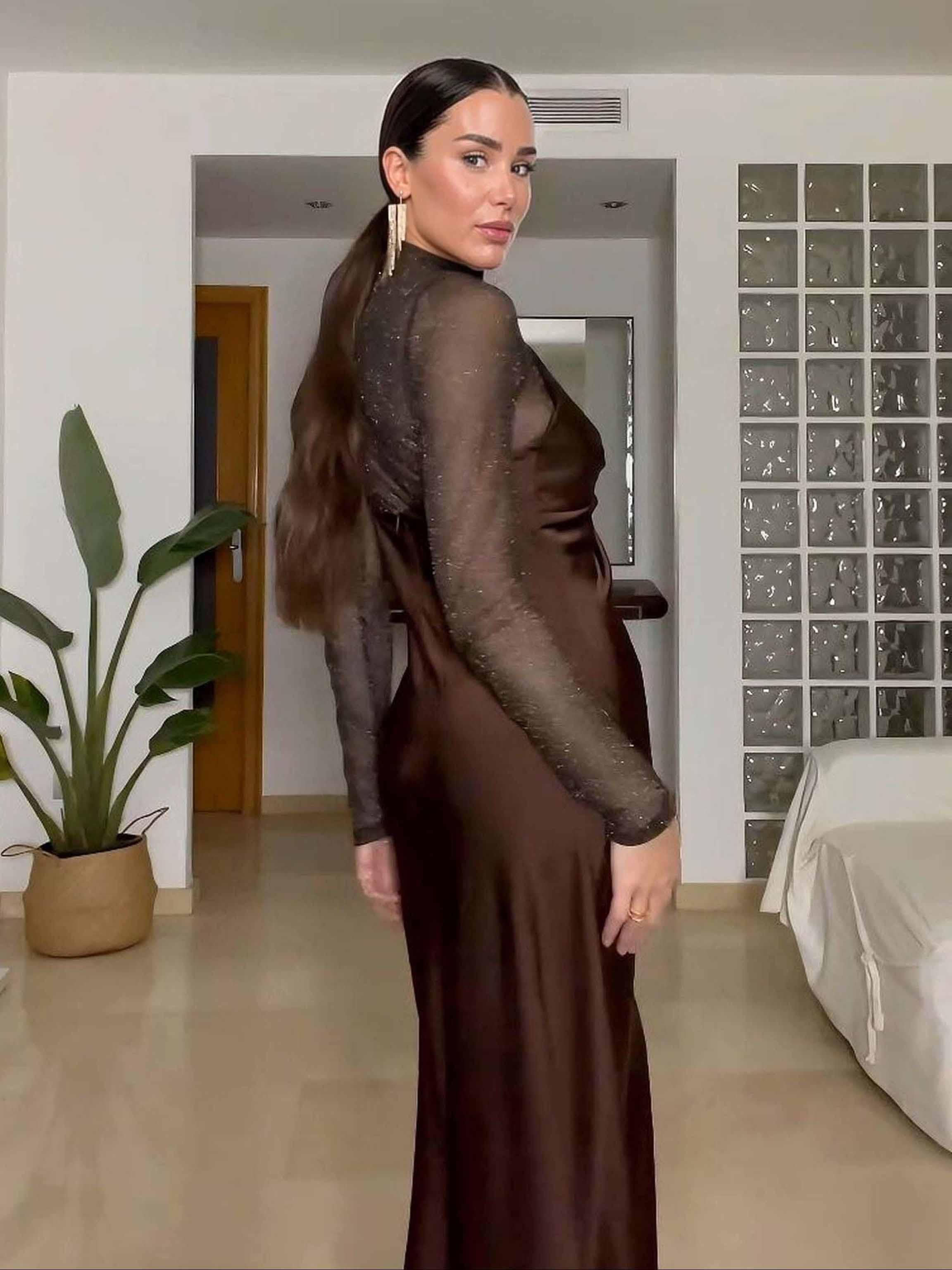 Elegant Sheer High-Neck Long-Sleeve Maxi Dress