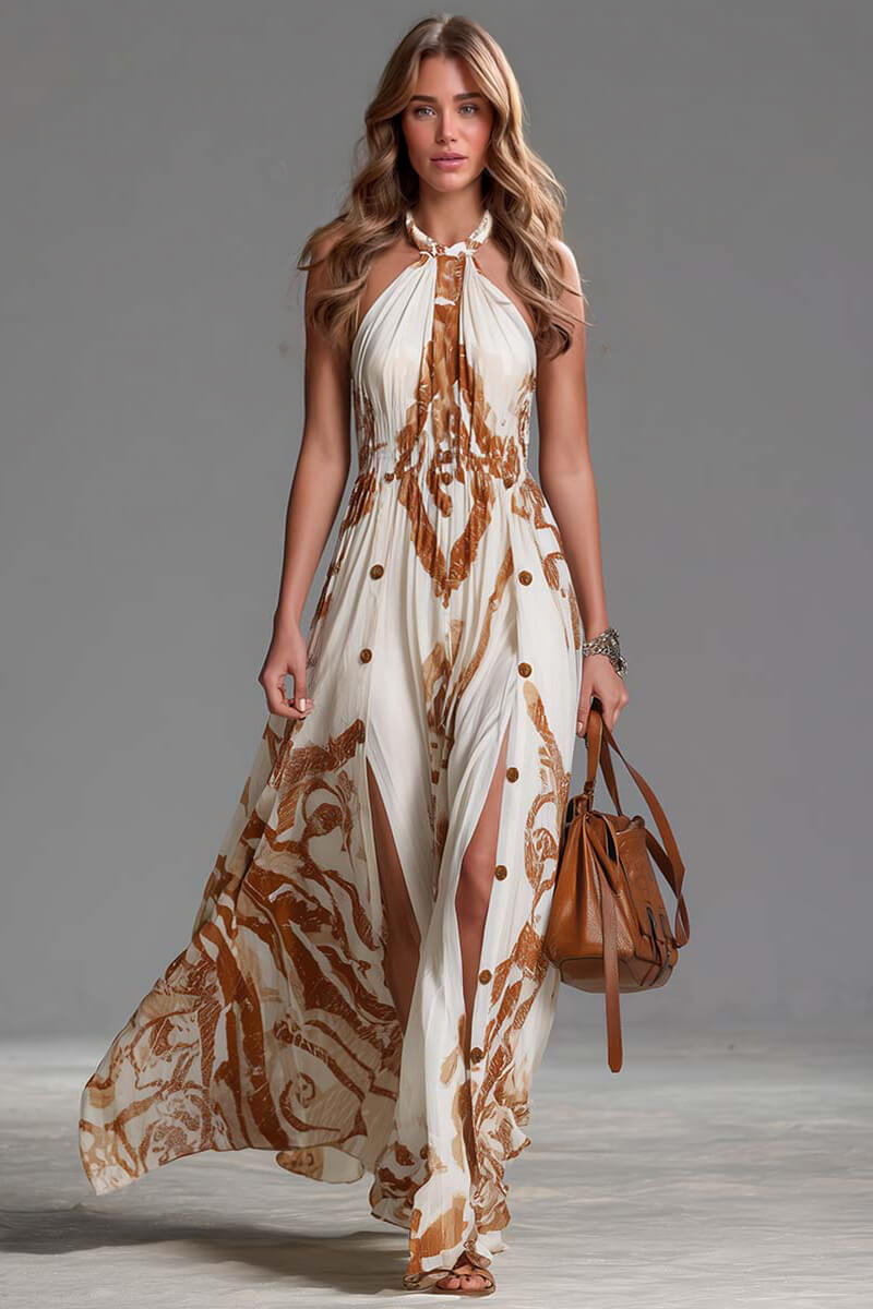 Retro Bohemian Style Backless Printed Chiffon Slit Maxi Dress