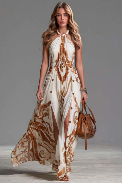 Retro Bohemian Style Backless Printed Chiffon Slit Maxi Dress