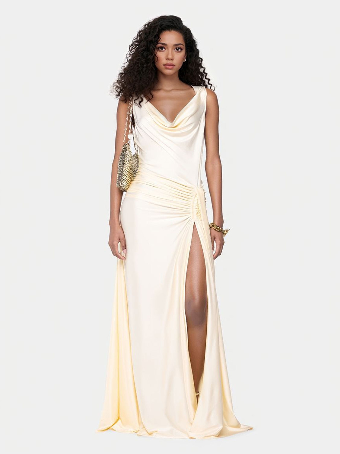 Elegant Draped Neck Satin Maxi Dress