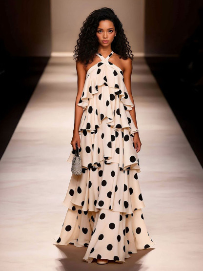 Elegant Halter Neck Polka Dot Tiered Maxi Dress