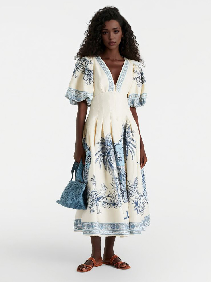 Elegant V-Neck Puff Sleeve Toile Print Midi Dress