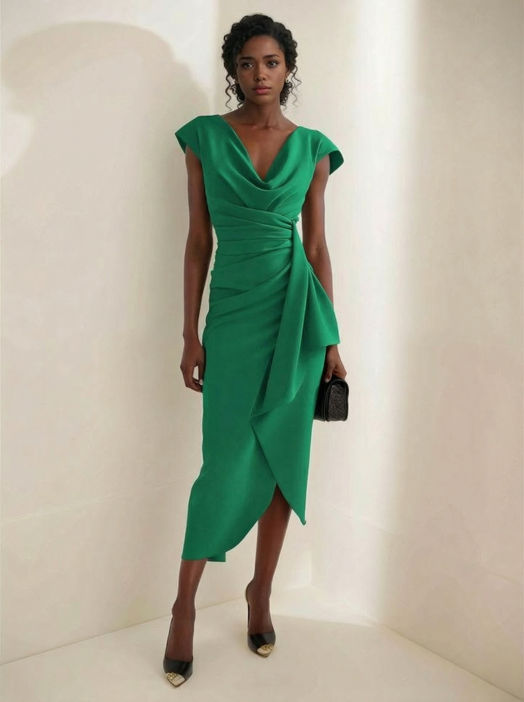 Elegant Draped Neckline Fitted Midi Dress