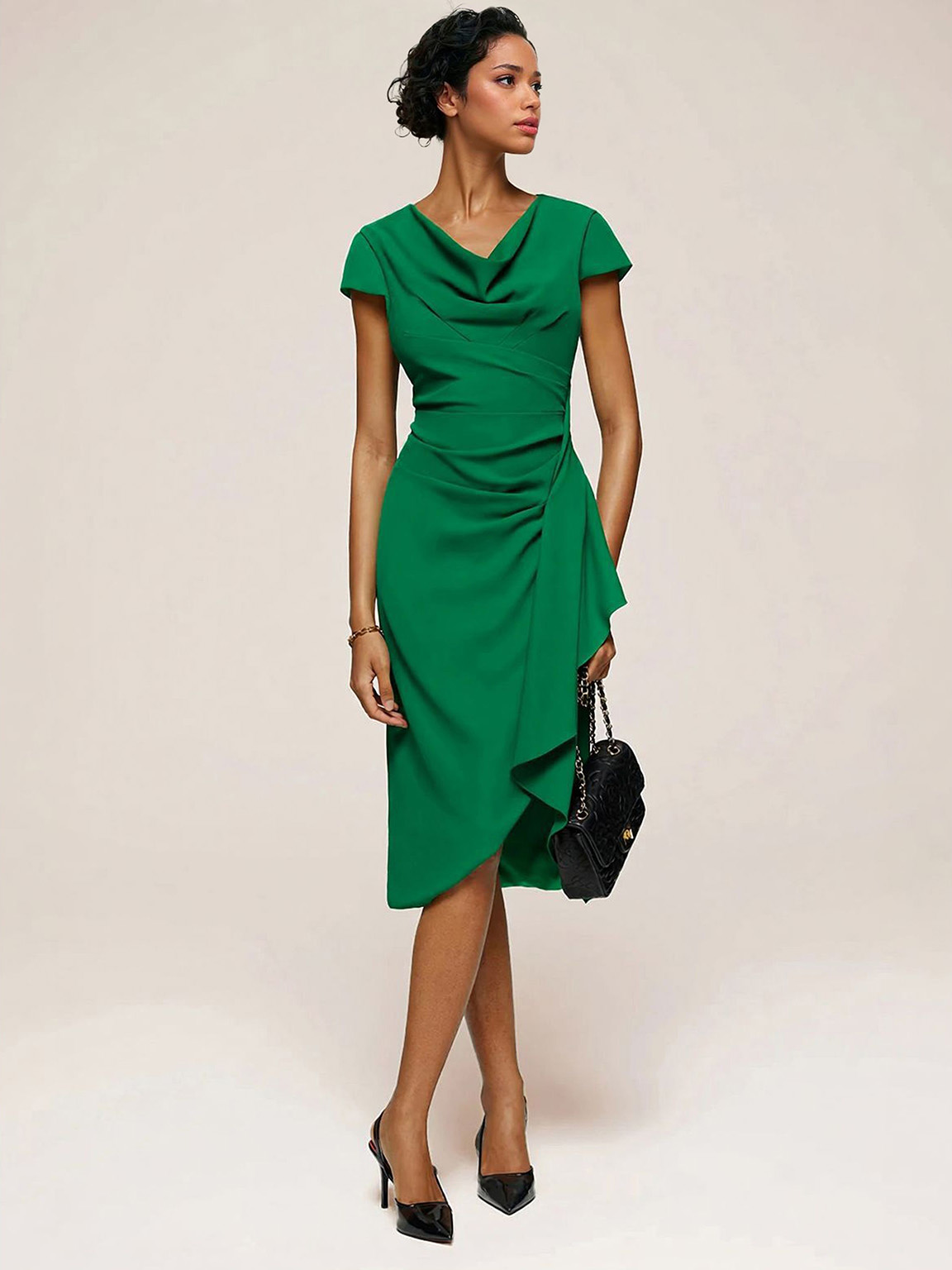 Elegant Draped Neckline Fitted Midi Dress