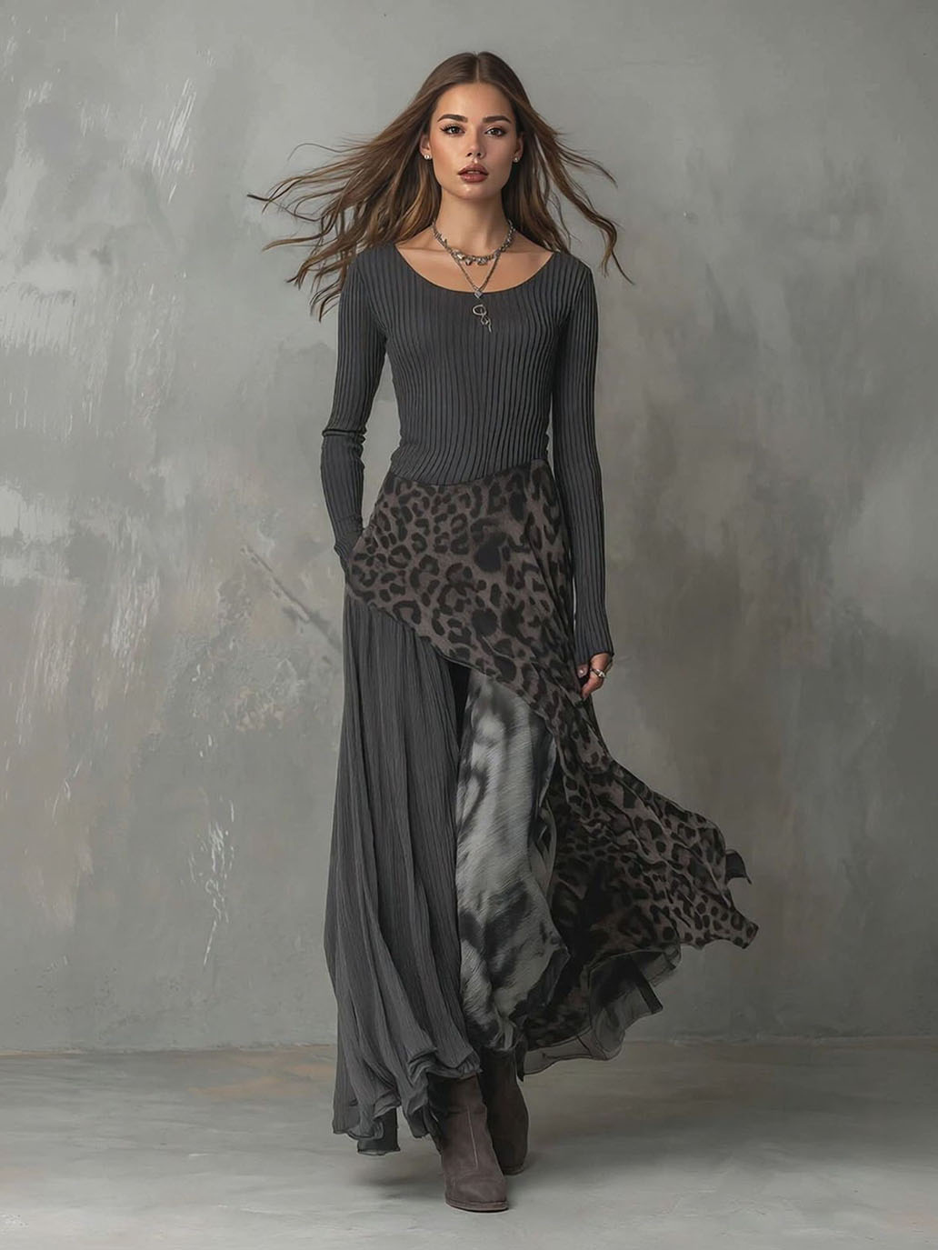 Casual Leopard Print Patchwork Irregular Hem Maxi Dress