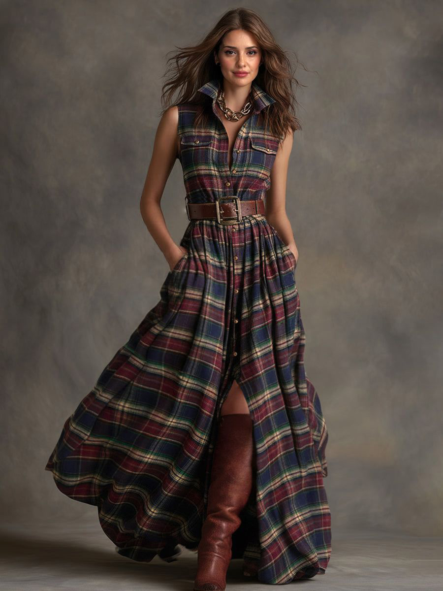Casual Plaid Print Sleeveless Shirt Maxi Dress
