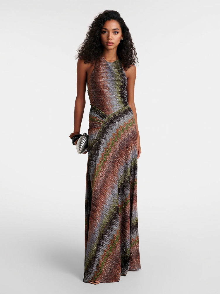 Retro Casual Halter Neck Irregular Striped Maxi Dress