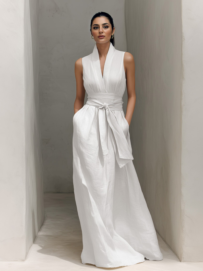 Minimalist V-neck Tie-waist Sleeveless Maxi Dress