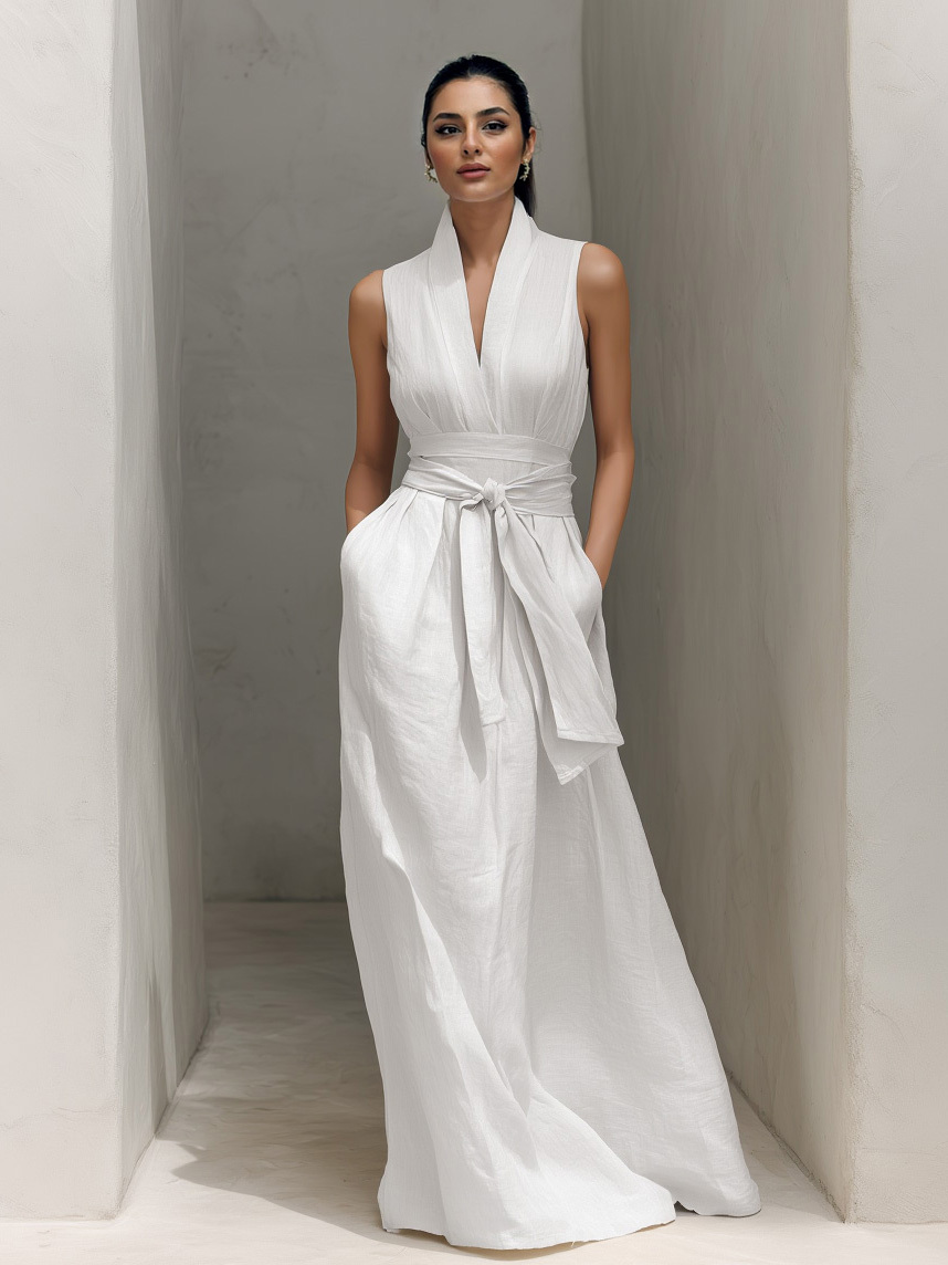 Minimalist V-neck Tie-waist Sleeveless Maxi Dress