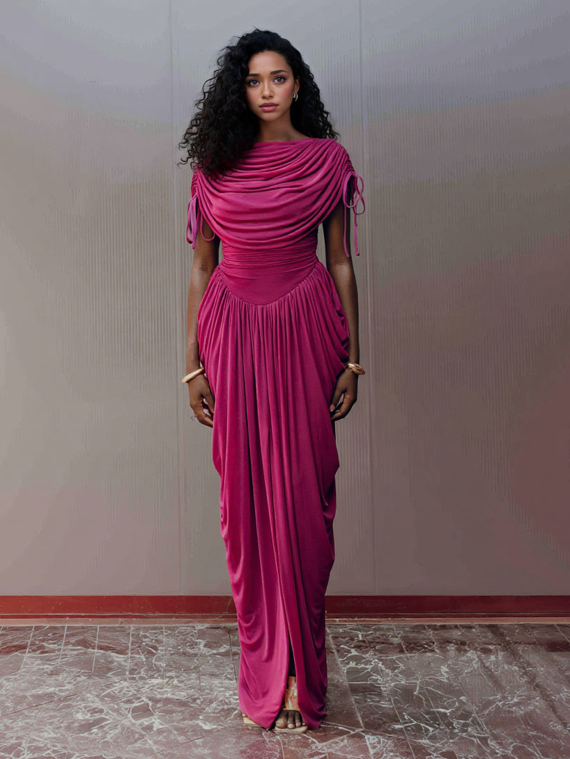 Modern Grecian-Style Fuchsia Draped Maxi Dress