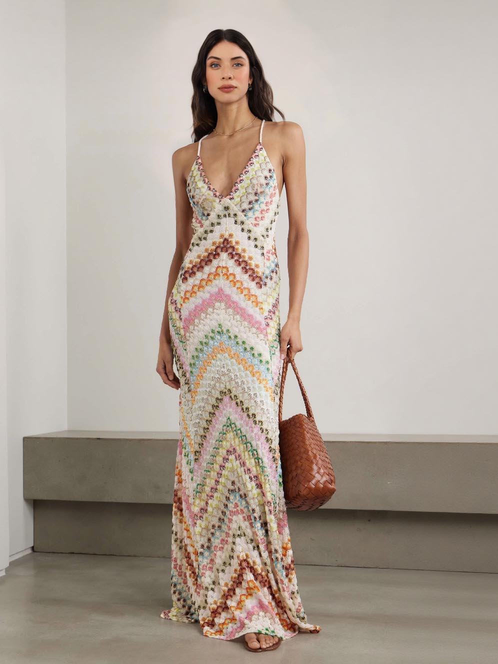 Unique Knit Colorful Herringbone Open Back Maxi Dress