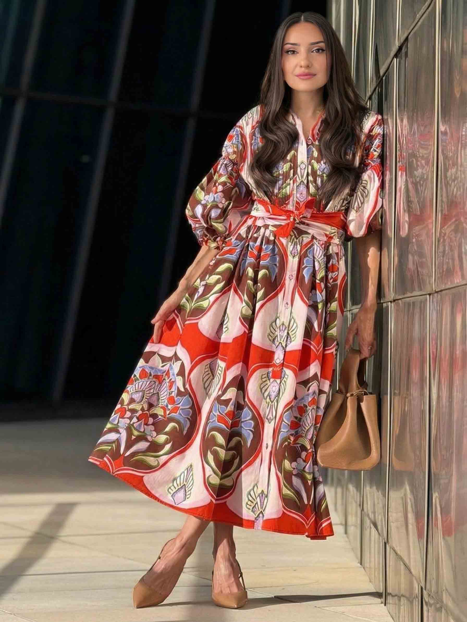 Exquisite Bohemian Print Shirt-Style Midi Dress