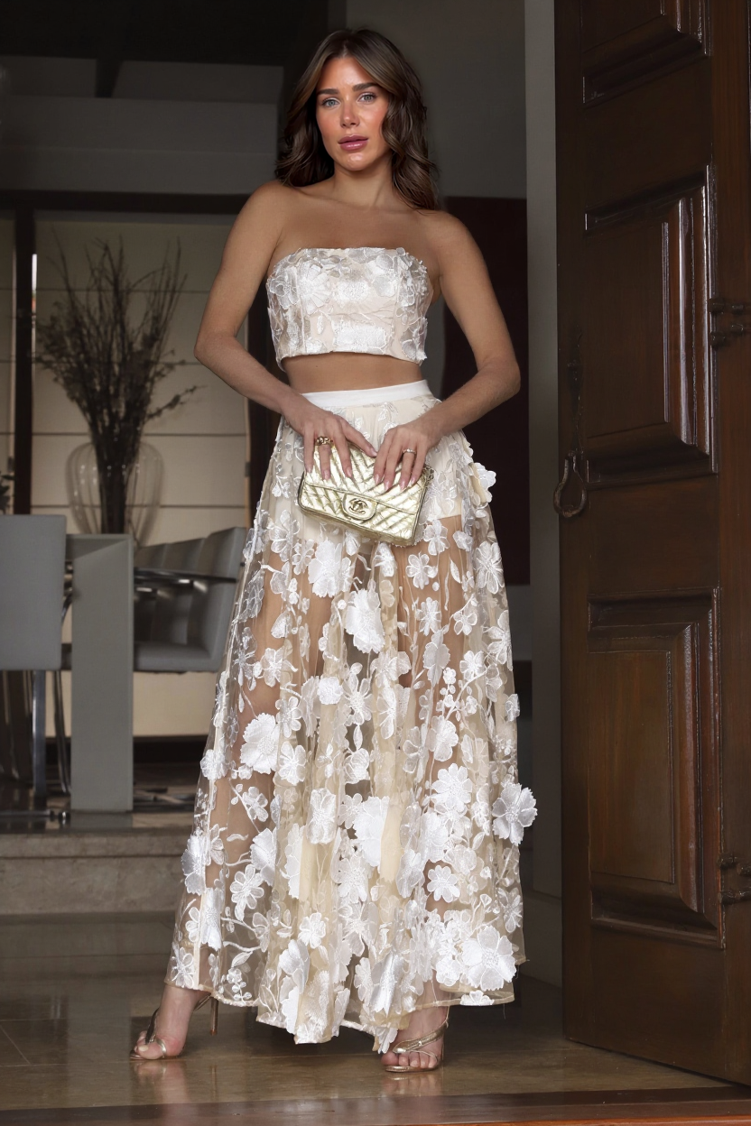 Elegant Strapless Floral Lace Crop Top & Maxi Skirt Two-Piece Set