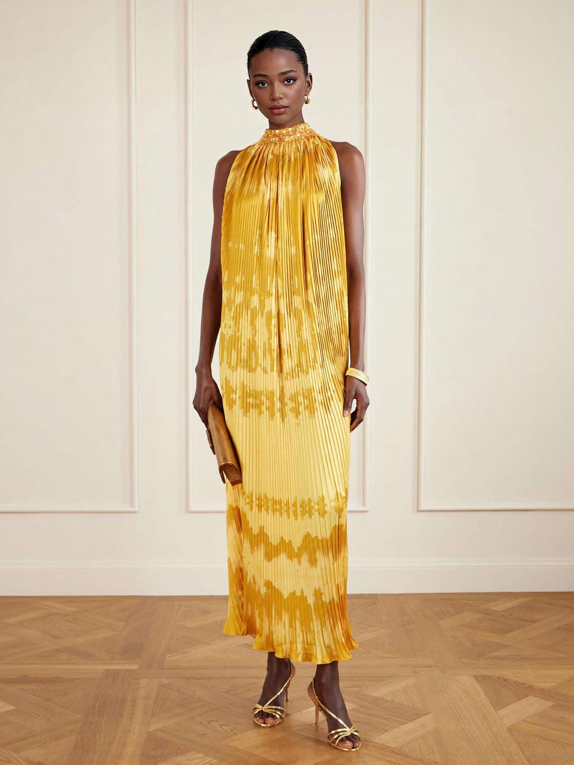 Exquisite Abstract Print Pleated Maxi Dress