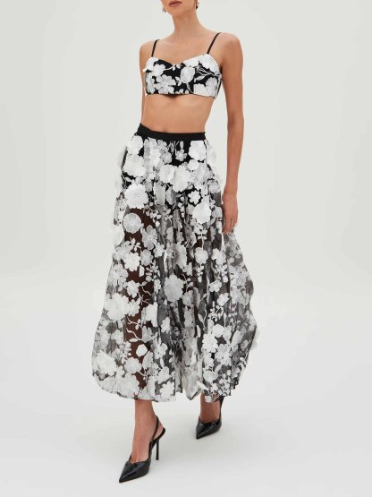 Exquisite Floral Embroidered Sheer Maxi Skirt