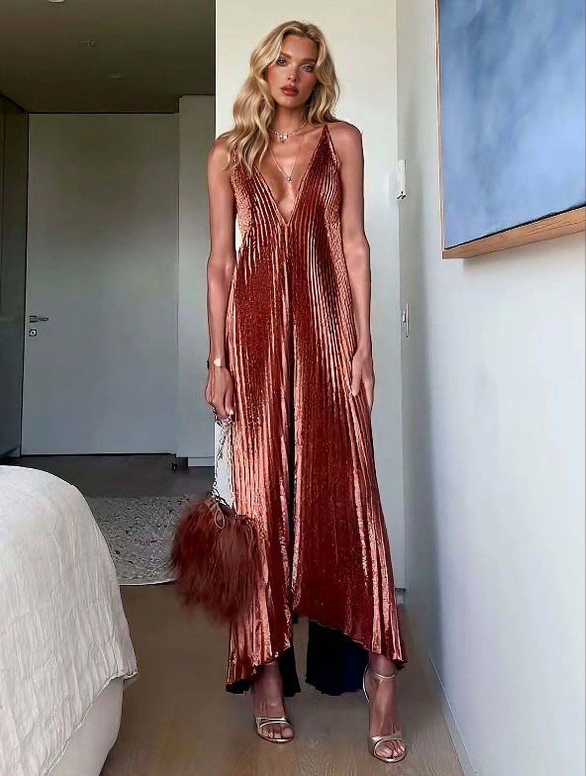 Elegant Pleated Deep V-neck Sleeveless Maxi Dress