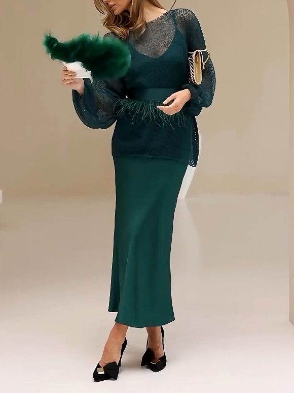 Elegant Openwork Knit Top And Satin Dress Two-piece Set