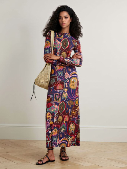 Retro Graphic Print Long-Sleeve Maxi Dress