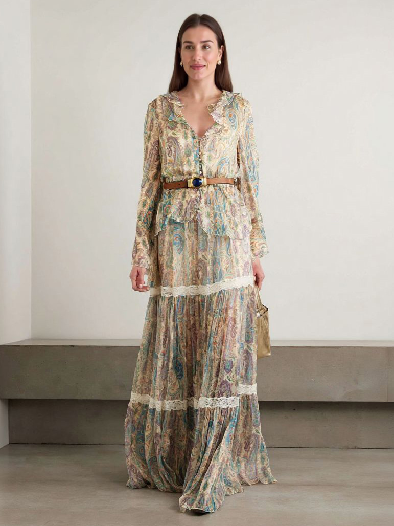 Exquisite Paisley Print Lace Trim Skirt