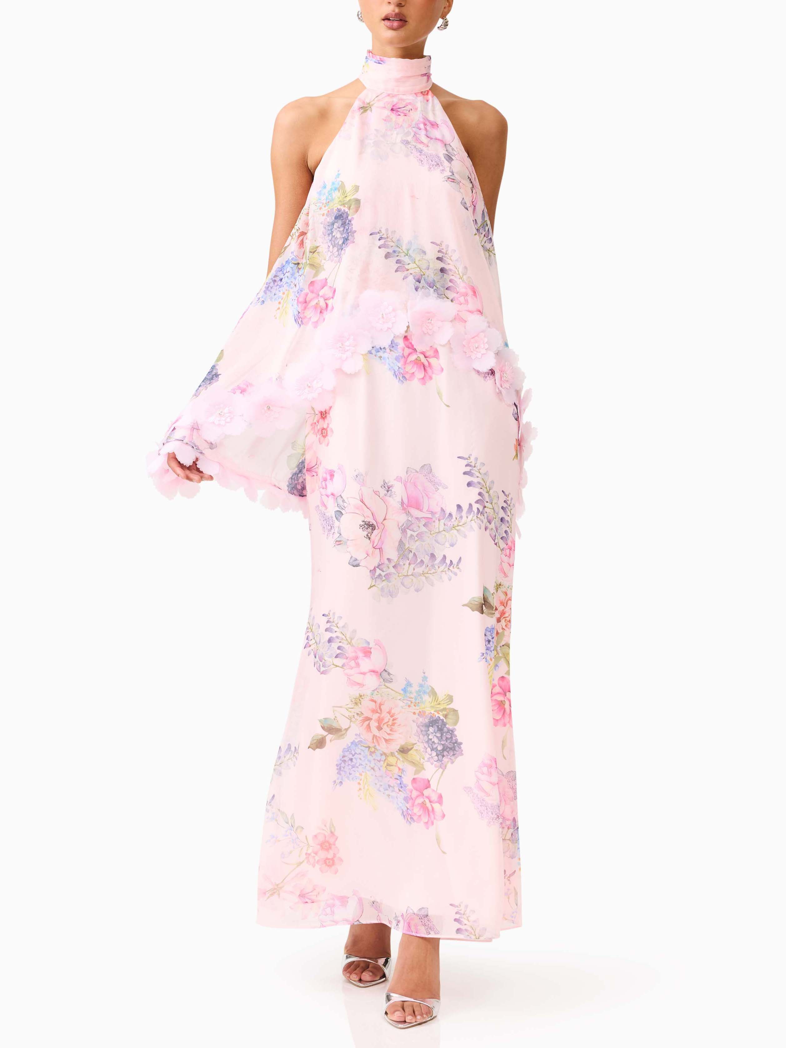 Elegant Pink Floral Applique Halter Maxi Dress