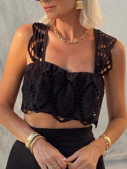 Delicate Mesh Lace Cut-Out Tie-Back Tank Top