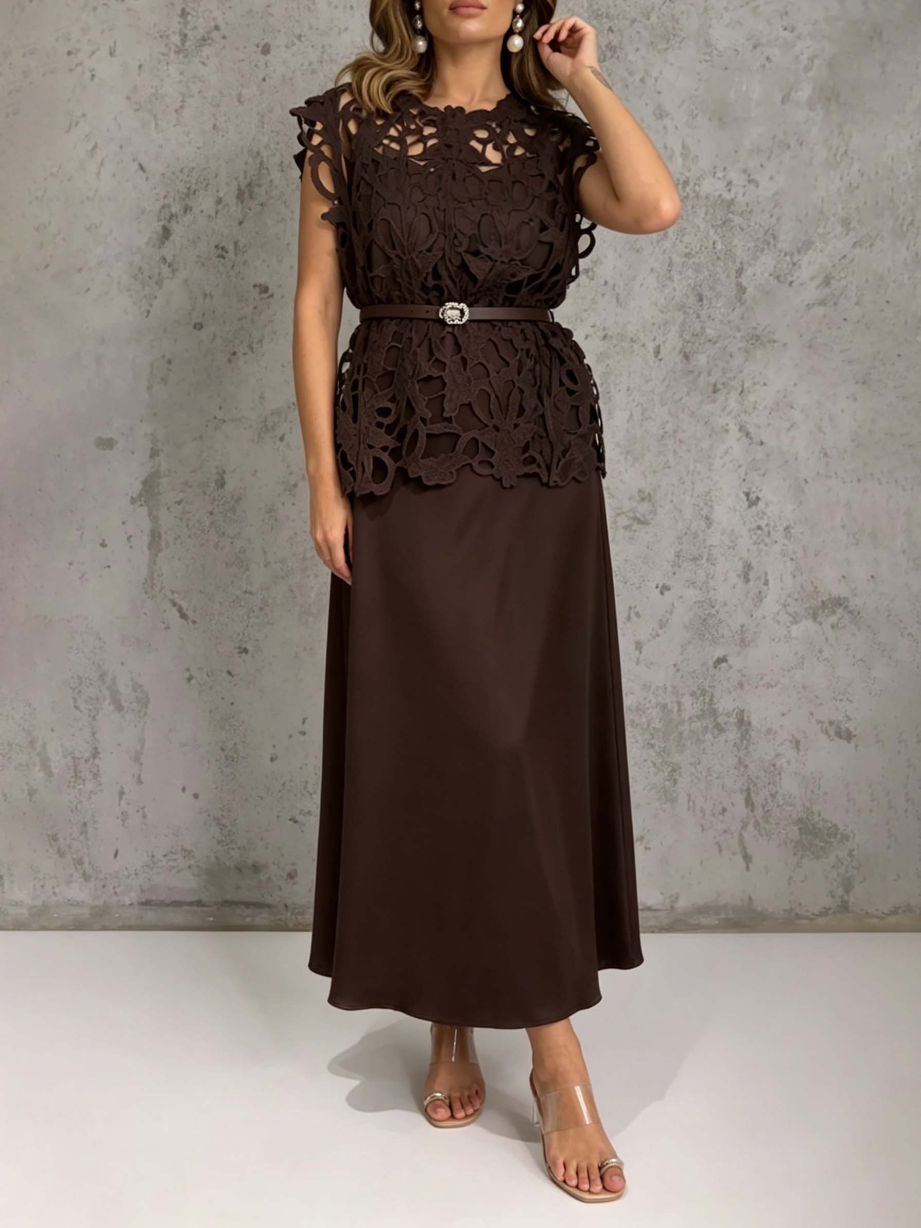 Elegant Cutout Lace Top & Satin Dress Two-Piece Set