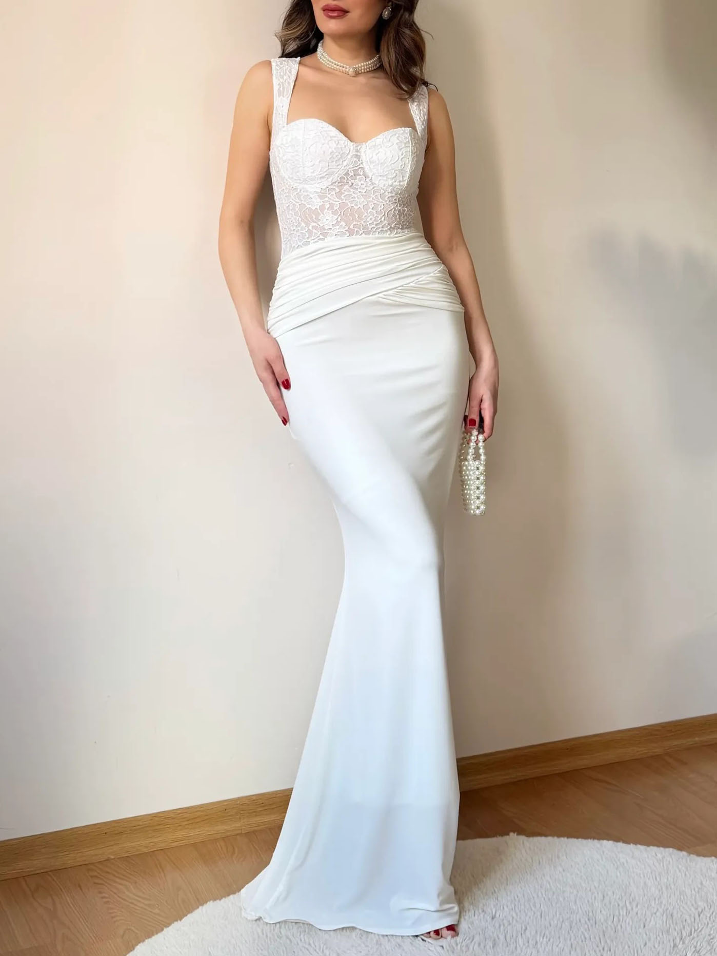 Elegant Lace Bodice Ruched Mermaid Maxi Dress-Likemychoice