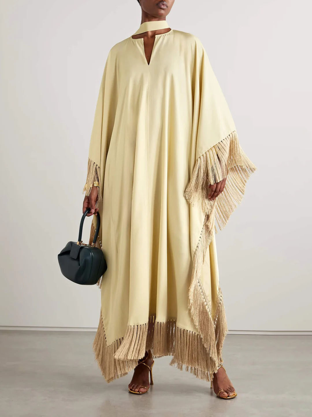 Elegant Fringed Satin Robe Maxi Dress