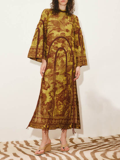 Retro Print Woven Tassel Loose Midi Dress