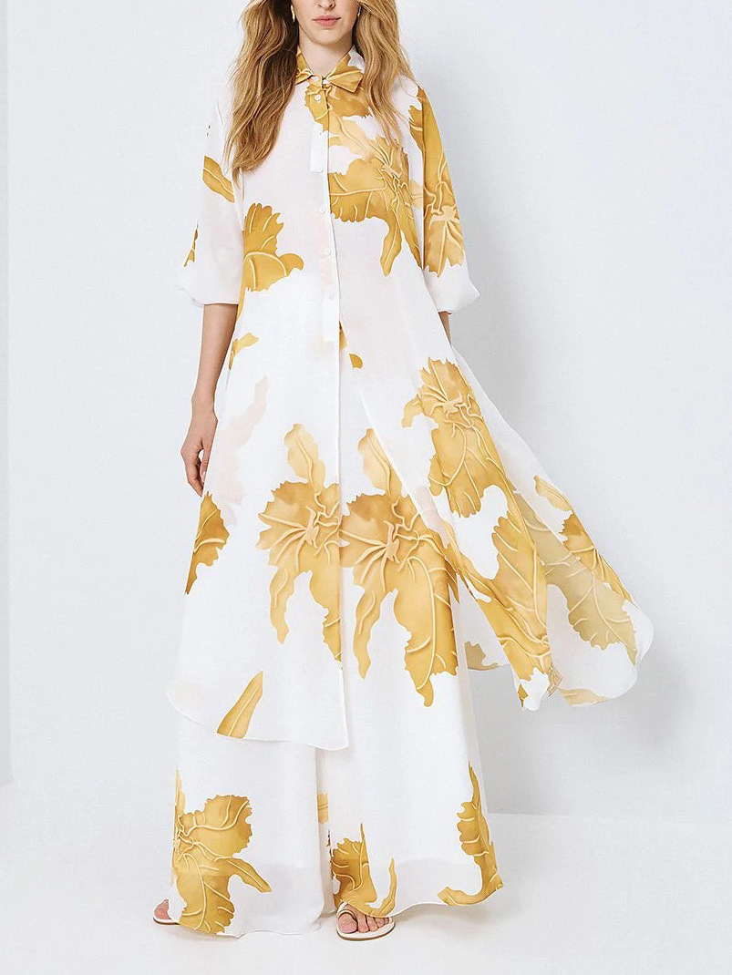 Elegant Gold Floral Print Two Piece Set