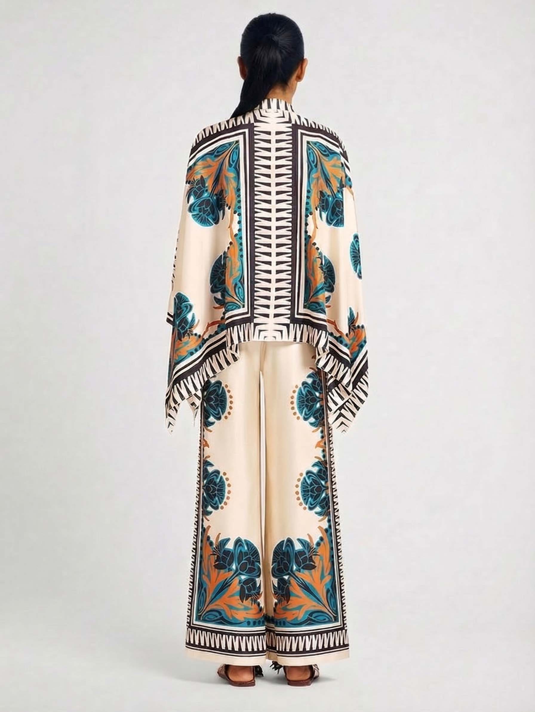 Exquisite Satin Floral Print Shirt & Wide-Leg Pants Set