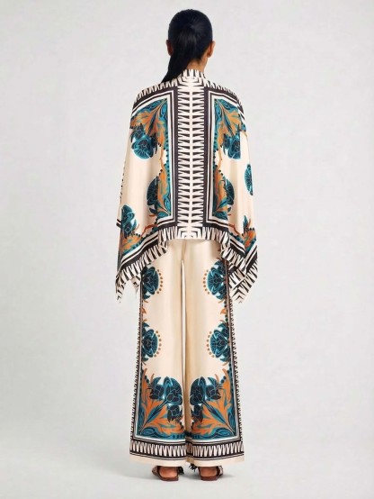 Exquisite Satin Floral Print Shirt & Wide-Leg Pants Set