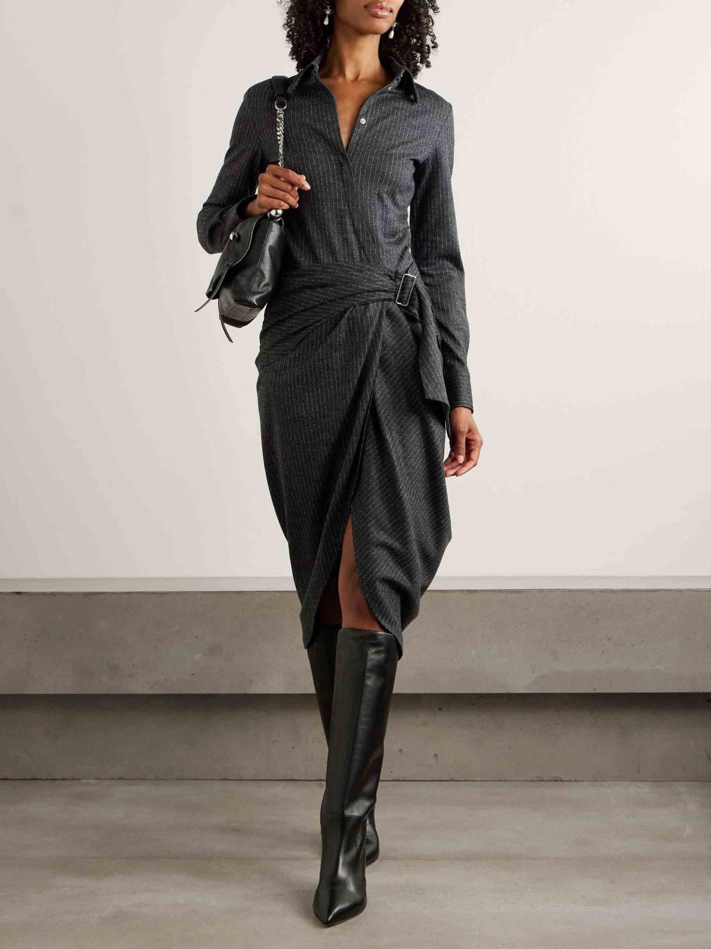 Exquisite Draped Pinstripe Wrap Midi Shirt Dress