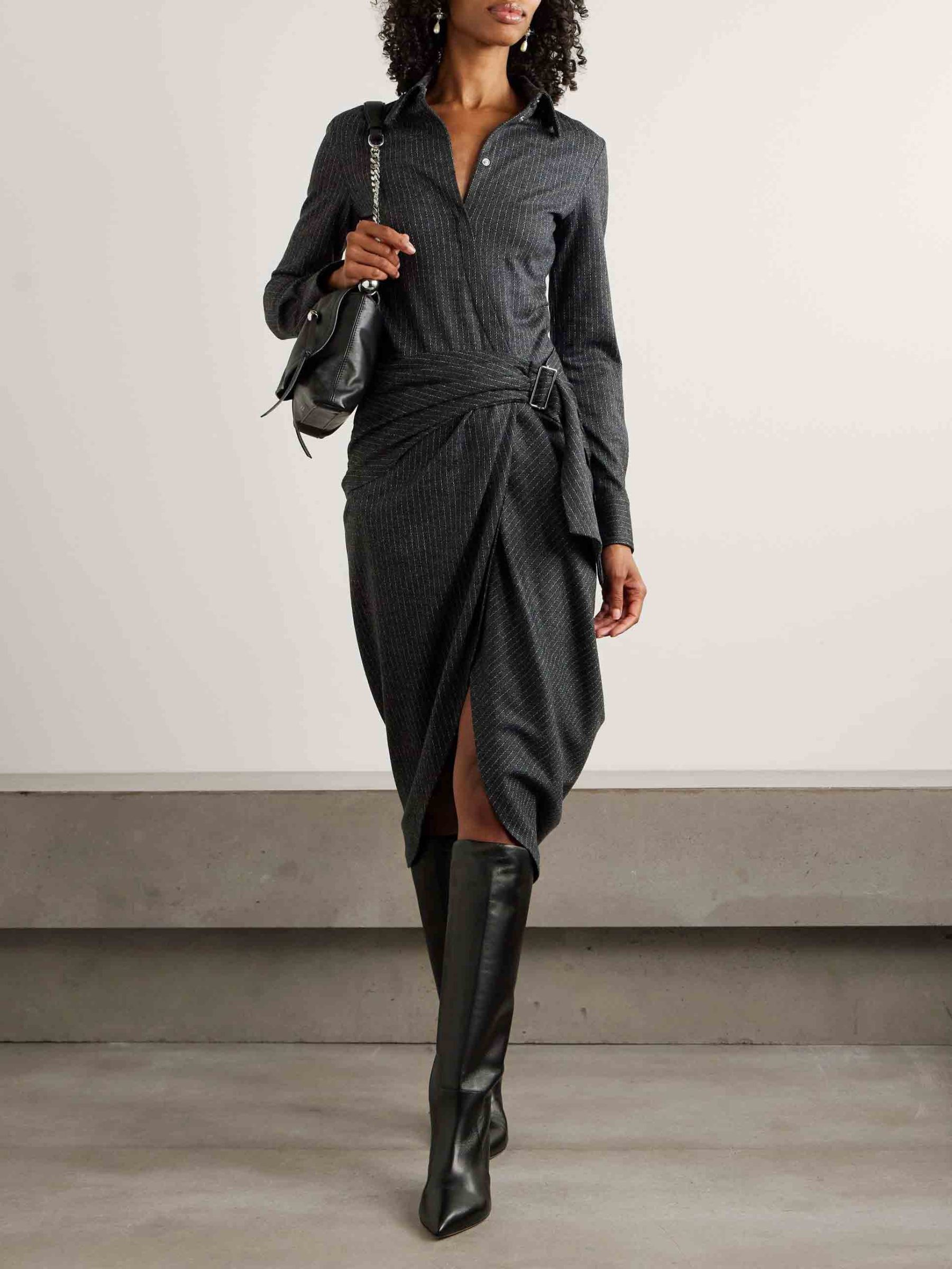 Exquisite Draped Pinstripe Wrap Midi Shirt Dress