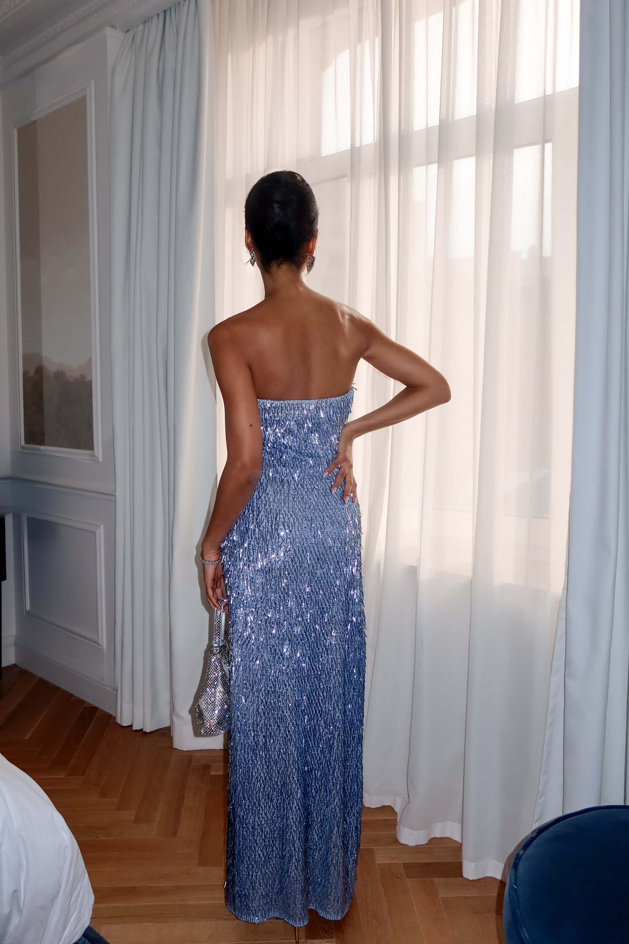 Elegant Sequin Strapless Draped Maxi Dress