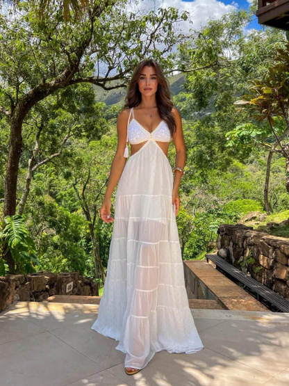 Retro Crochet Tassel Shoulder Strap Cutout Waist Chiffon Polka Dot Vacation Maxi Dress