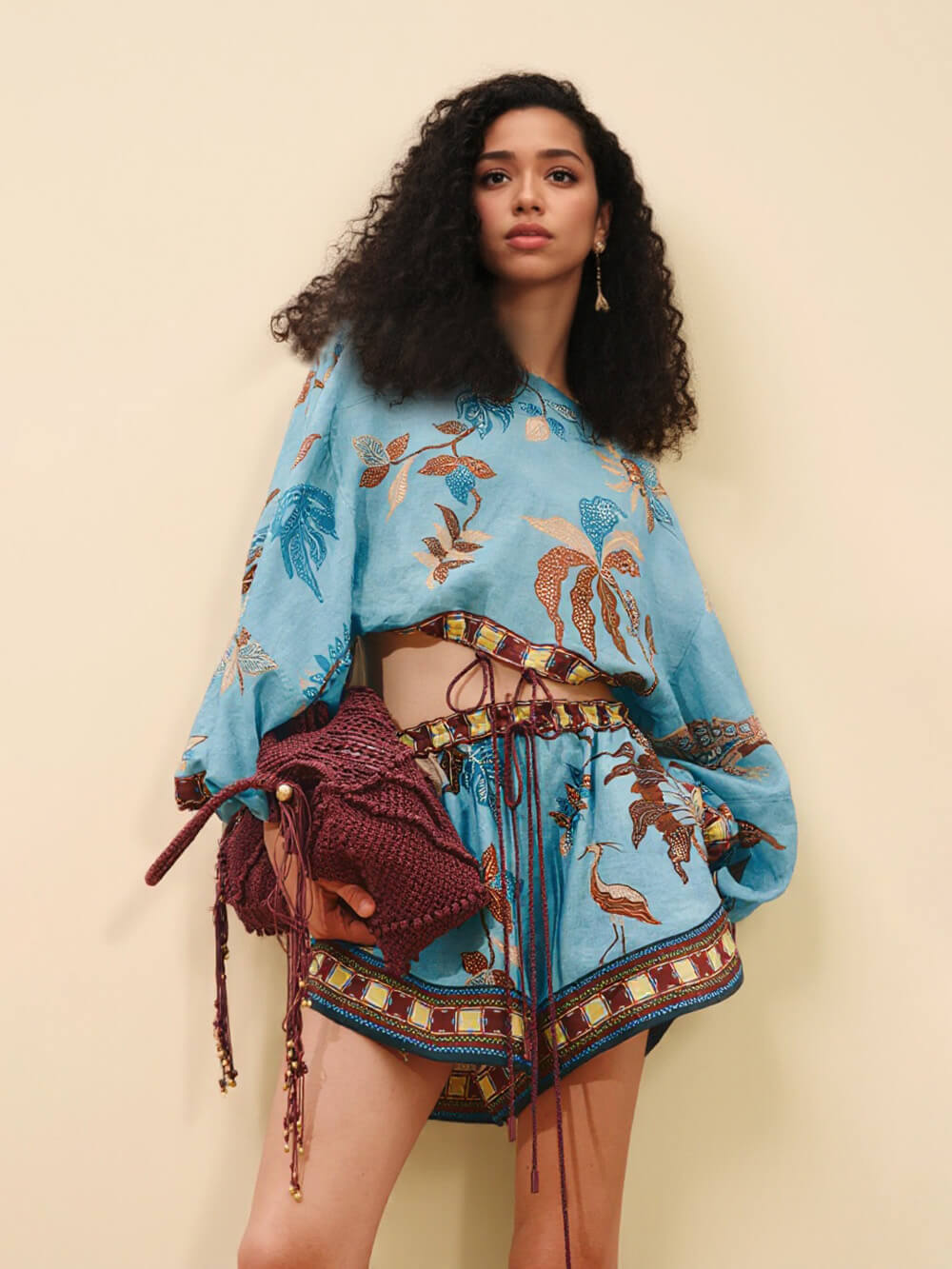 Boho Print Color Block Drawstring Drop Shoulder Top and Shorts Set