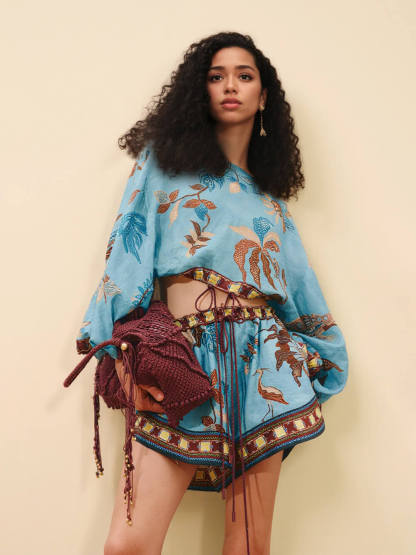 Boho Print Color Block Drawstring Drop Shoulder Top and Shorts Set