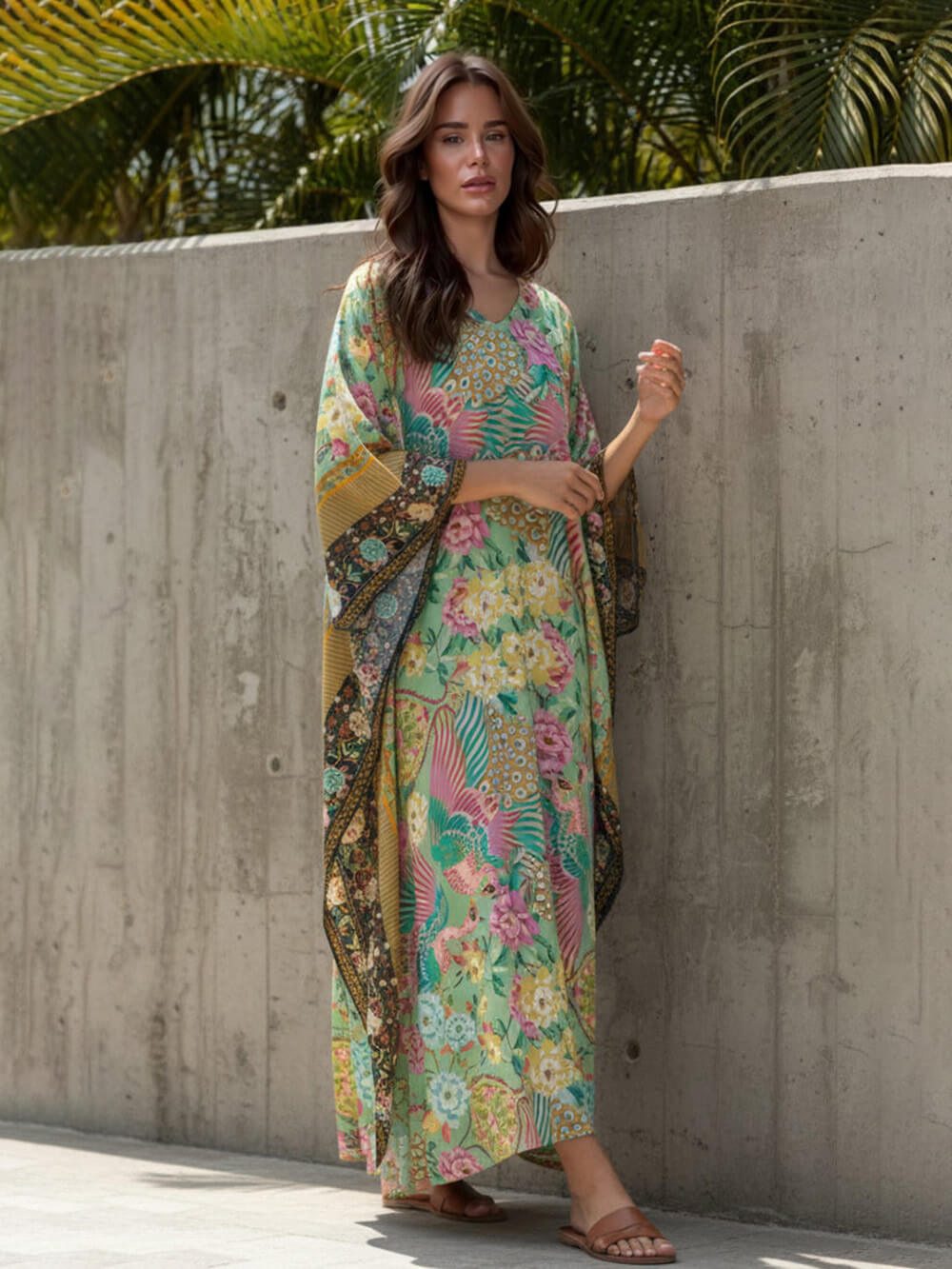 Modern Casual Peacock Print Kimono Beach Maxi Dress