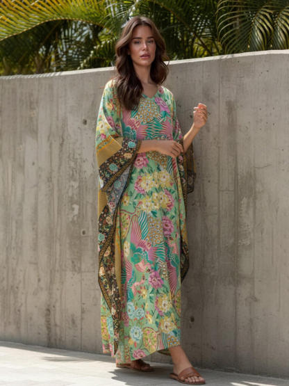 Modern Casual Peacock Print Kimono Beach Maxi Dress