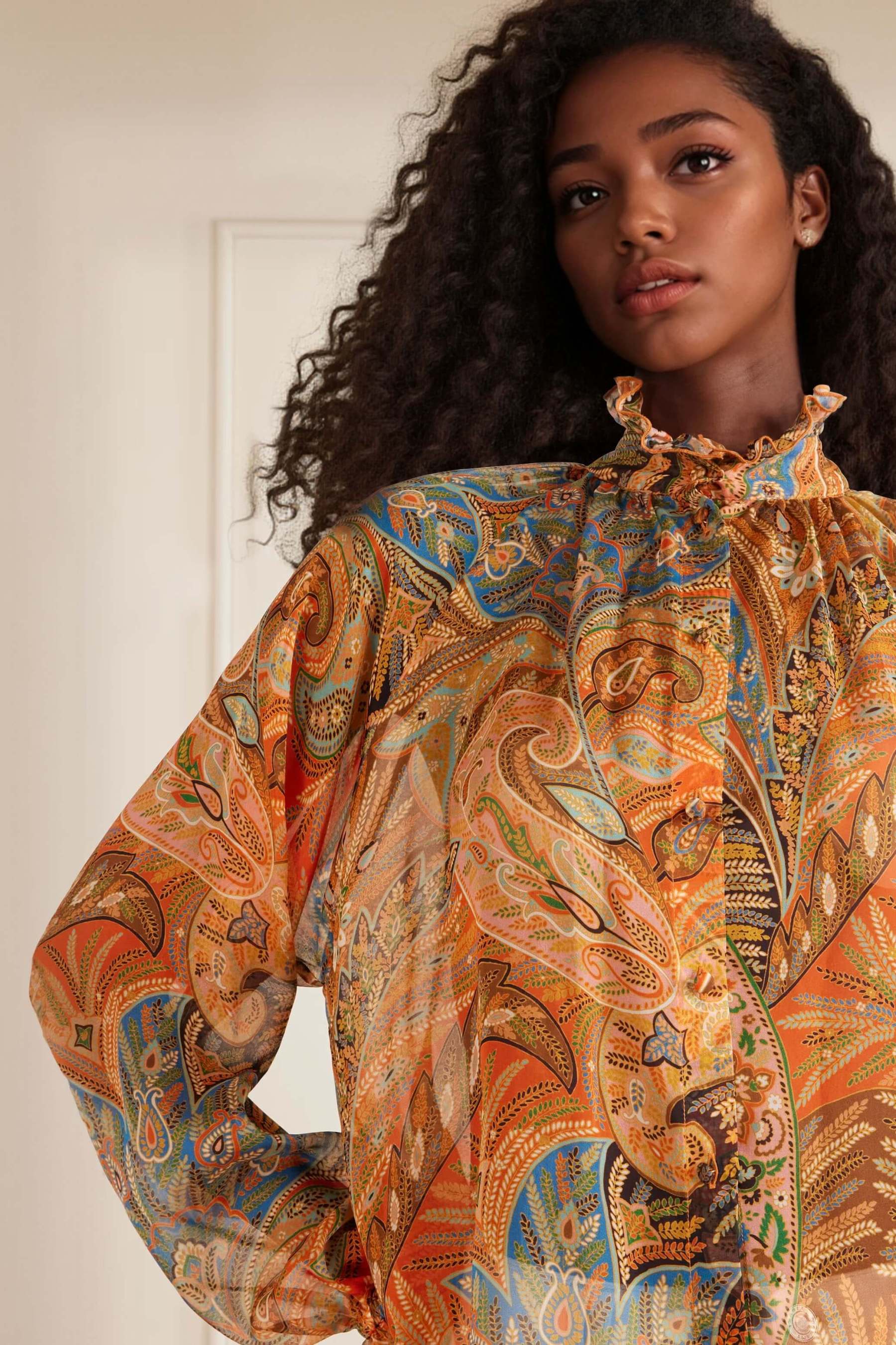 Exquisite Ruffle Trim Paisley Print Chiffon Blouse