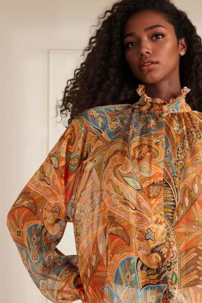 Exquisite Ruffle Trim Paisley Print Chiffon Blouse