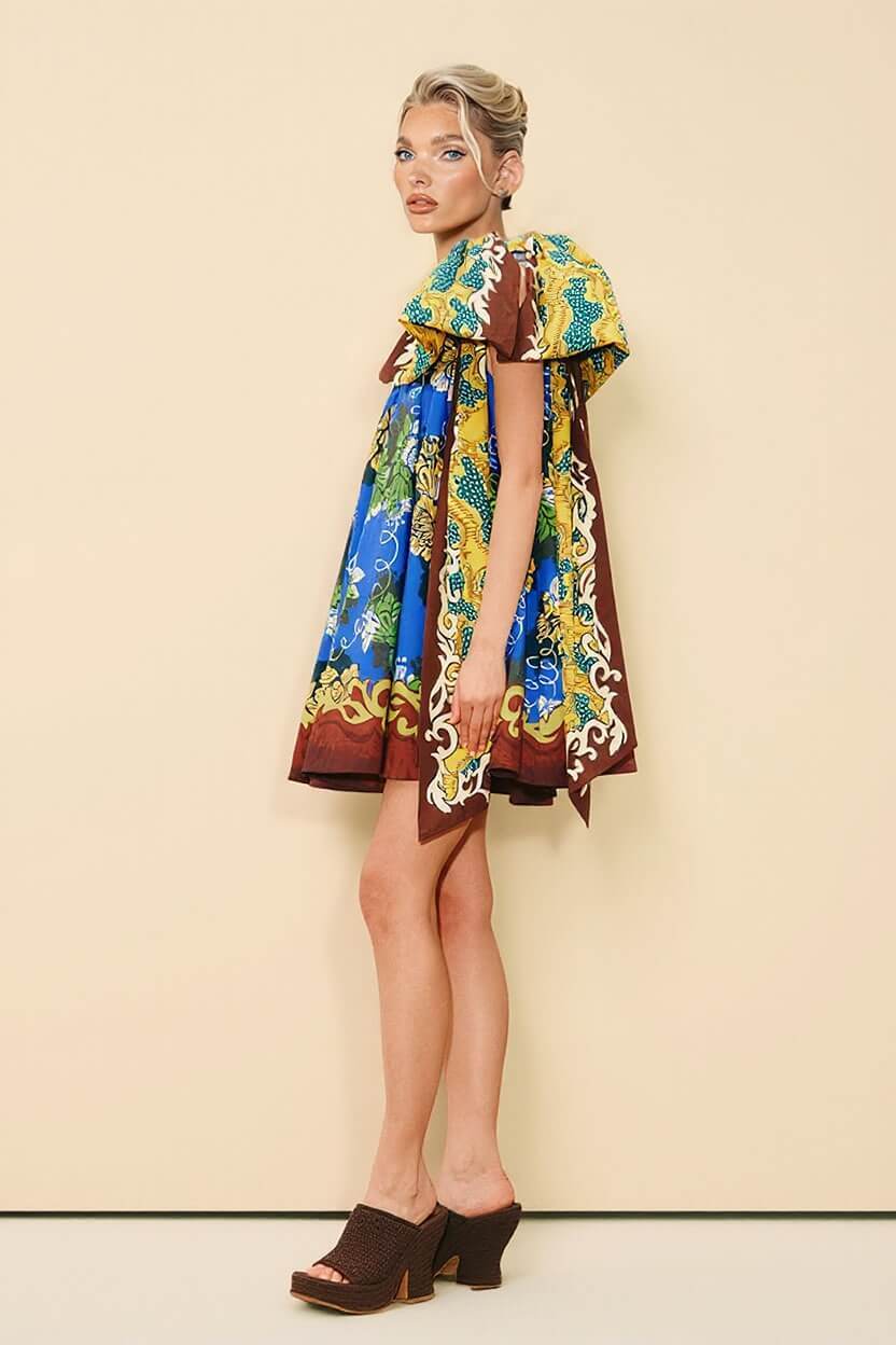 Delicate Printed Bow One-Shoulder Mini Dress