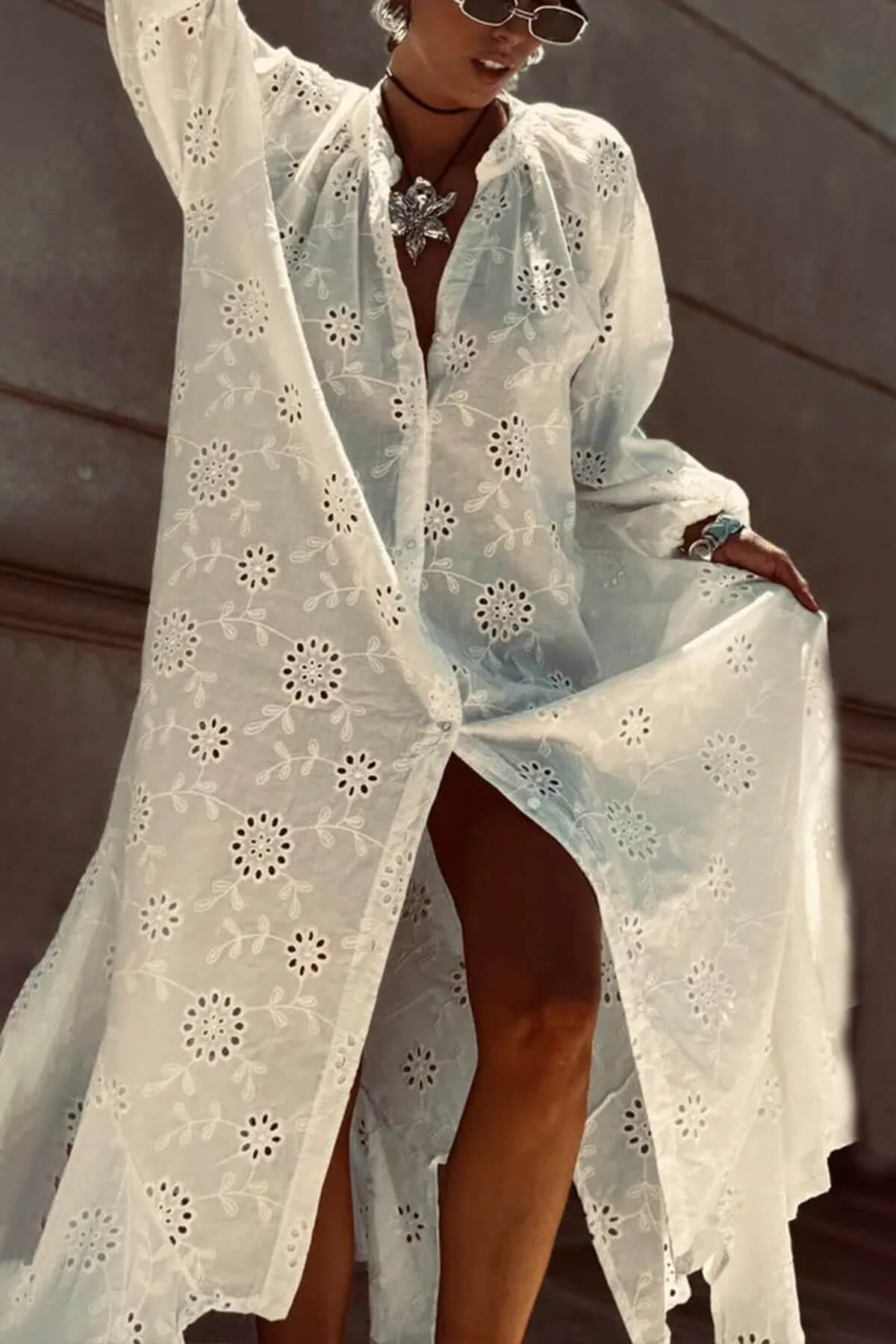 Casual Cutout Lace Crochet Ruffle Maxi Dress