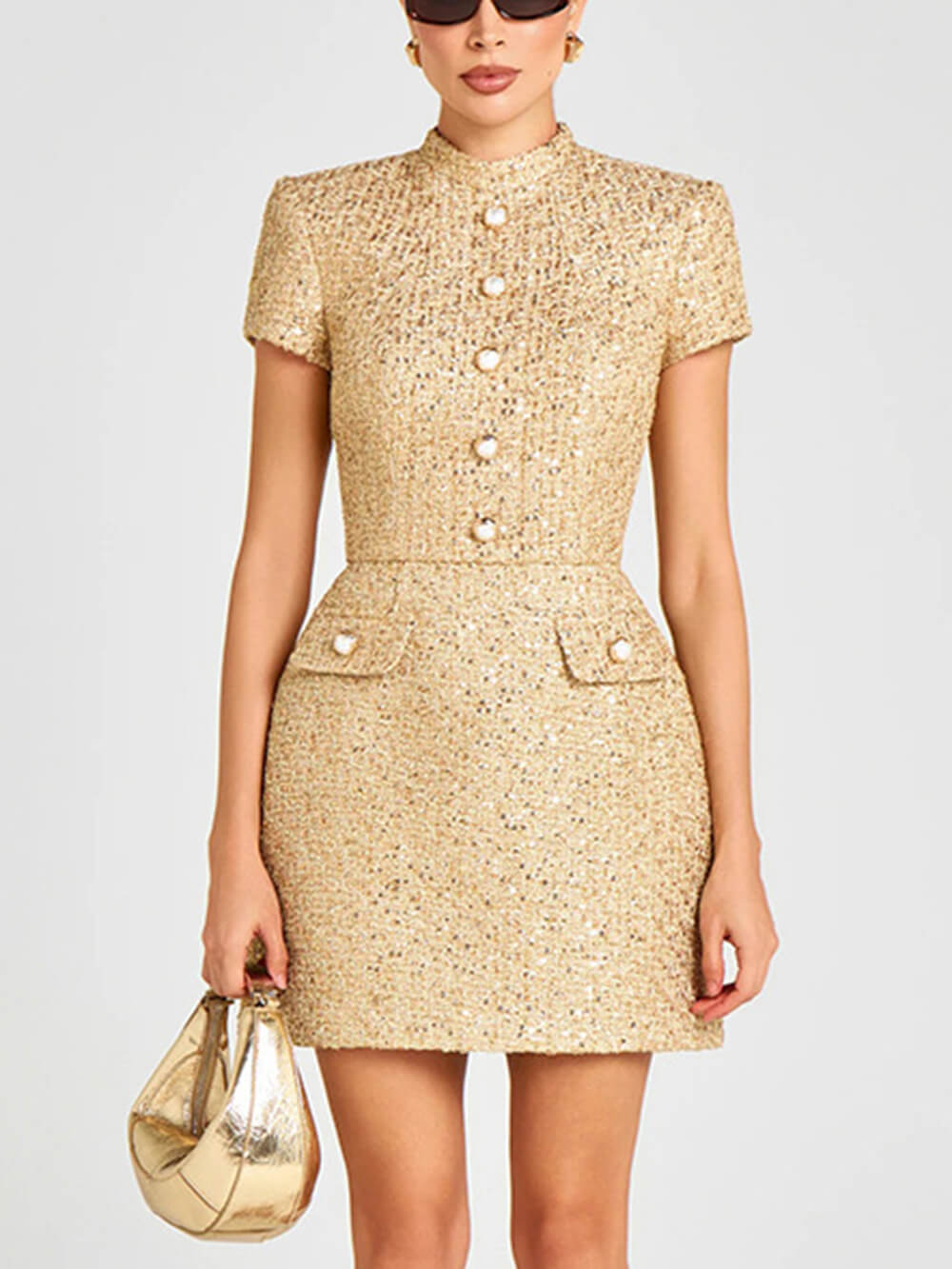 Elegant Stand Collar Button Detail Short-Sleeve Party Mini Dress