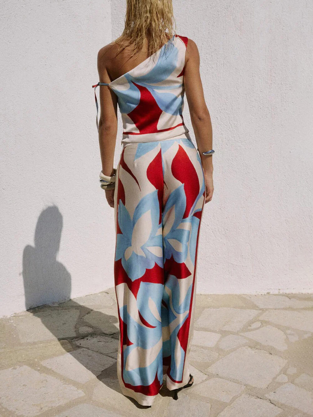 Unique Printed One-Shoulder Tie Top And Elastic Waist Wide Leg Pants Set