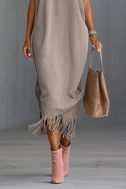Elegant Faux Suede Fringe Hem Sleeveless Turtleneck Midi Dress