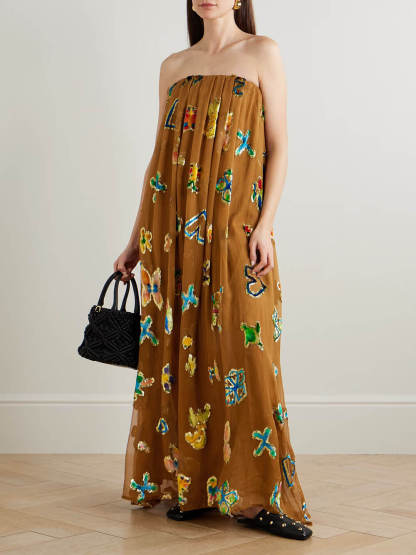 Retro-Inspired Unique Strapless Printed Ruched Maxi Dress