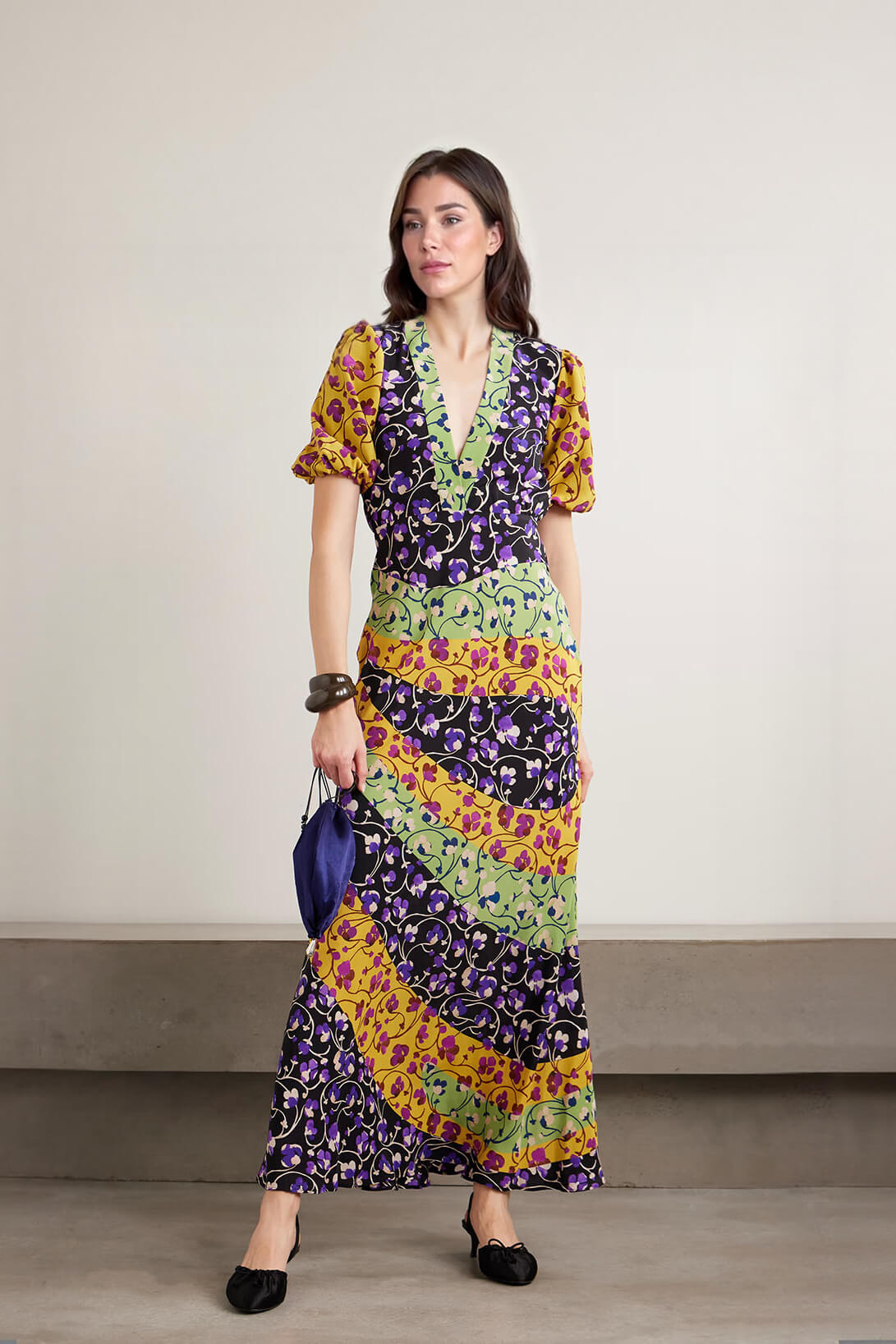 Fashion Color-Block Print Satin Maxi Dress
